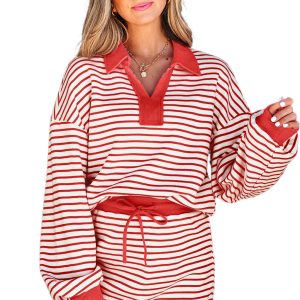 Women's Red Stripe Collared V Neck Pullover and Skort Set – Casual Fall Outfit - Main View