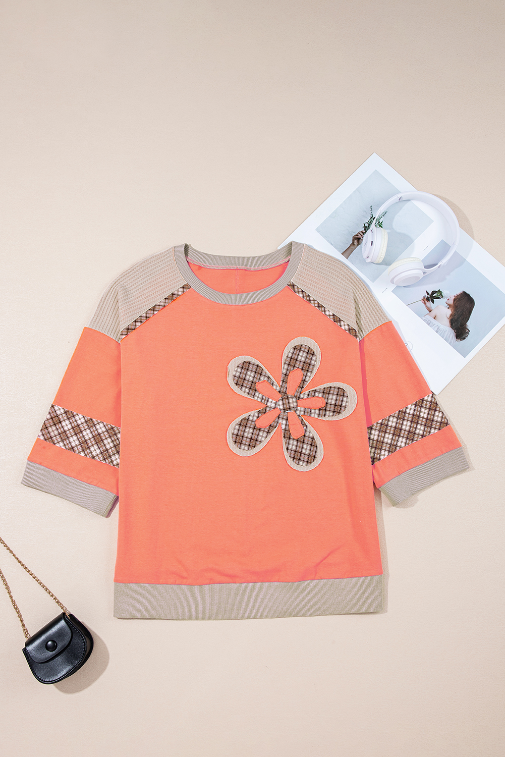 Casual Summer Top with Waffle Knit and Colorblock Design in Grapefruit Orange - Detail View 6