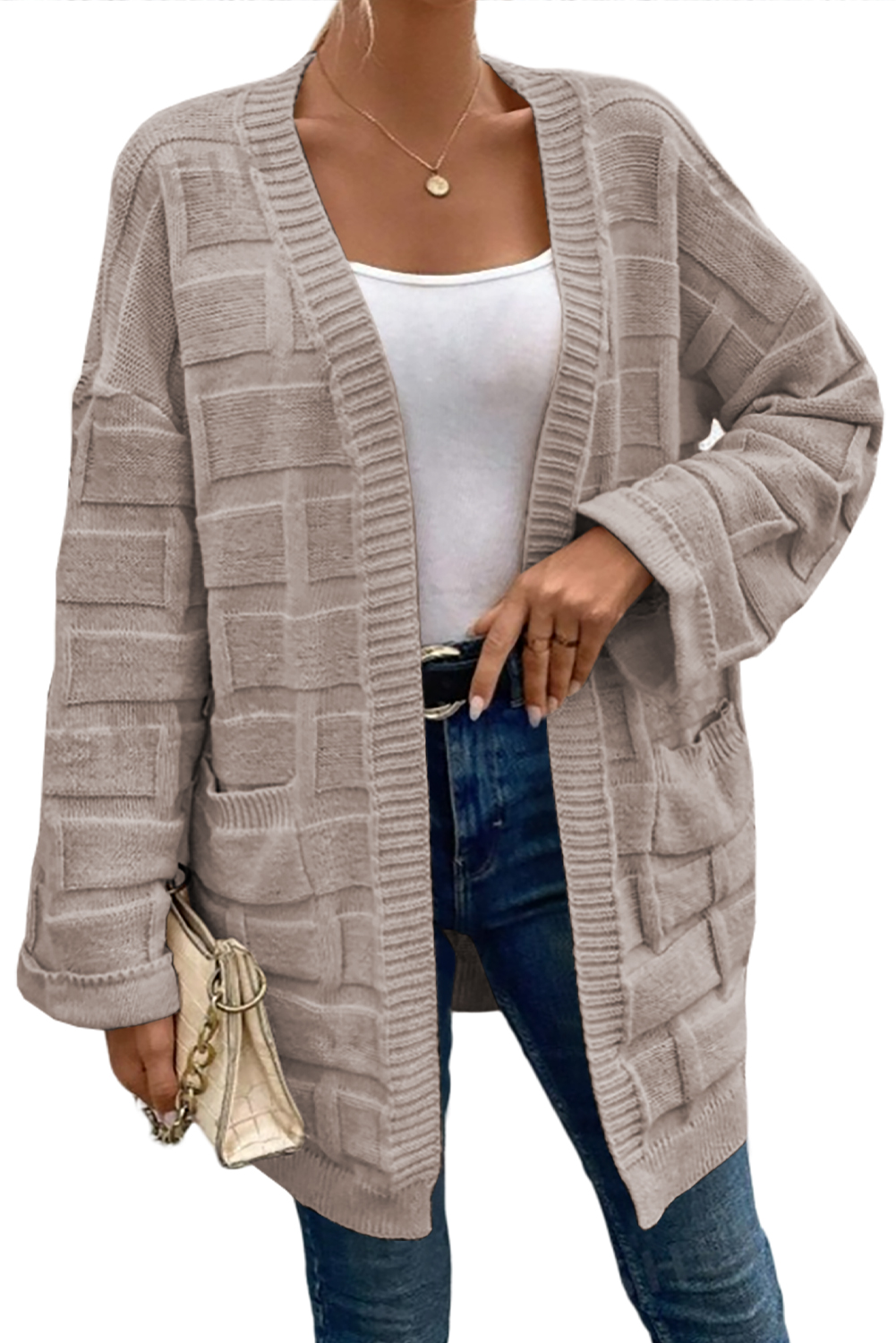 Open Front Cardigan, Textured Knit, Oversized, Long Sleeve, Casual Style, Daily Wear, Solid Color, Women's Cardigan, Chic Design, Comfortable Layers, Pockets, Fashionable Outerwear - Detail View 16