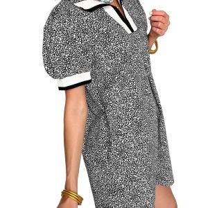 Women's Black Leopard Print Polo Dress with Contrast Stripes – Short Sleeve & Pockets
