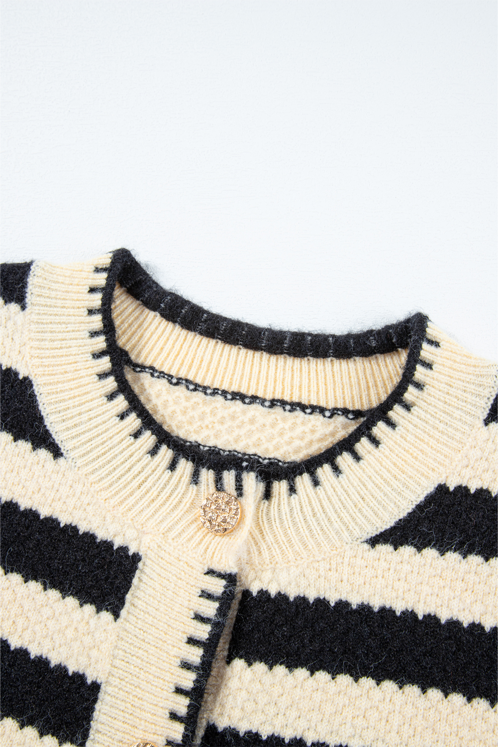 Casual Long Sleeve Cardigan Sweater - Stylish Apricot Stripes and Round Neck - Detail View 14