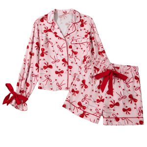 Women's Red Bow Print Long Sleeve Pajama Set – Cozy Valentine’s Day Style for Home