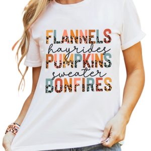 Women's White Chic Letter Graphic Tee - Flannels, Pumpkins, and Bonfires Design - Main View