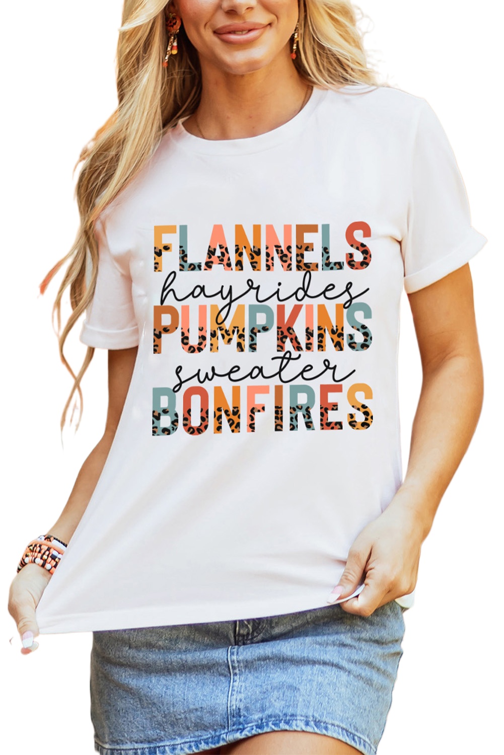 Women's White Chic Letter Graphic Tee - Flannels, Pumpkins, and Bonfires Design - Main View