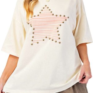 Casual Women's Beige Star Print Cotton Jersey Top with Stud Details for Everyday Wear