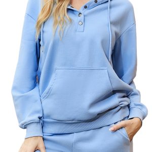 Women's Light Blue Button Drawstring Hooded Pullover and Casual Shorts Set - Main View