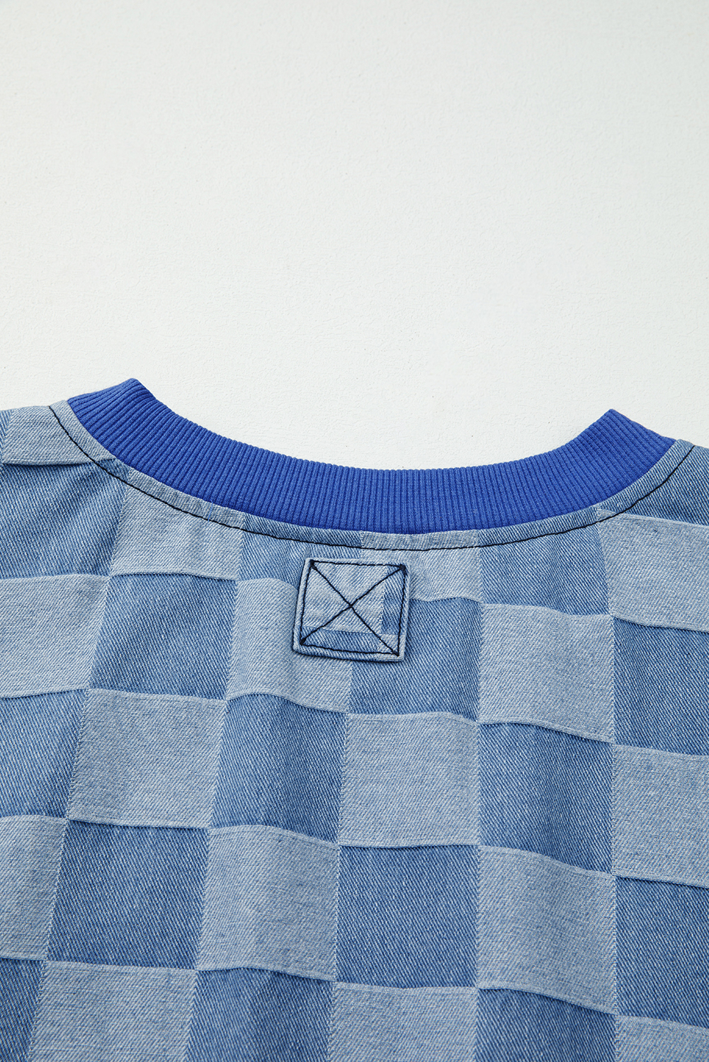 Fashionable Sky Blue Long Sleeve Denim Pullover with Plaid Patchwork Design - Detail View 6