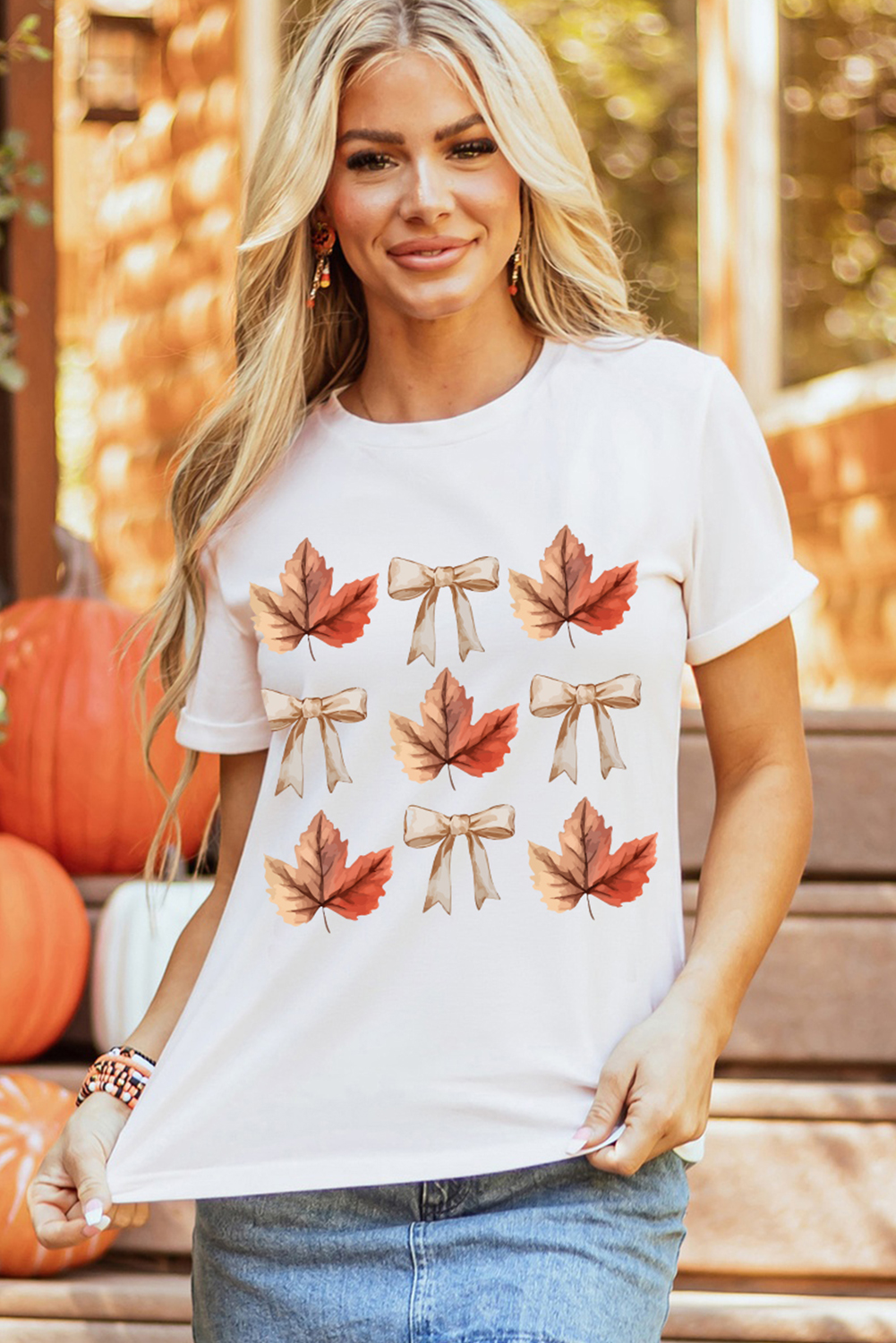Casual Short Sleeve Tee with Leaf Bow Design - Perfect for Autumn Celebrations - Detail View 6