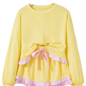 Women's Yellow Cream Plaid Ruffled Pullover & Drawstring Shorts Set – Casual Fall Ensemble - Main View