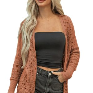 Women's Casual Redwood Burl Knit Open Front Cardigan with Hollowed Cut Out Design - Main View
