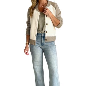 Women's White Color Block Ribbed Knit Cardigan for Daily Wear