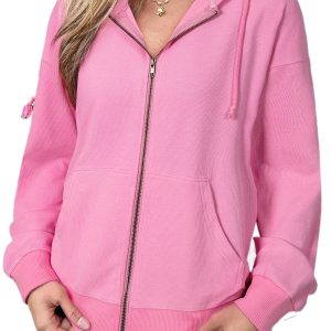 Women's Sachet Pink Ribbed Zip Hoodie Jacket for Daily Wear