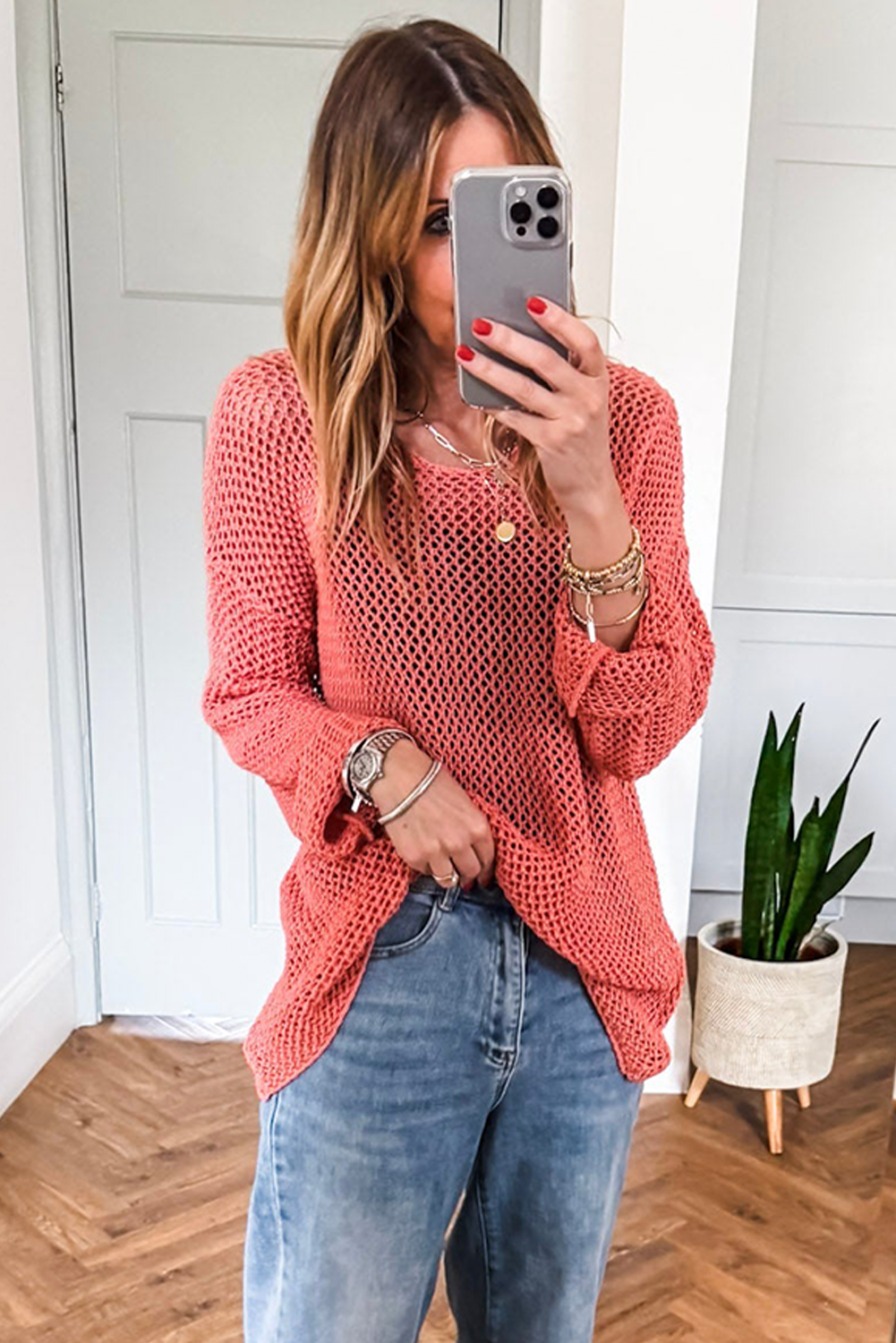 Versatile Coral Hollow Out Jumper - Perfect for Layering in Fall & Autumn - Detail View 7