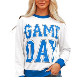 Women's White Letter Graphic Varsity Sweatshirt – Baggy Striped Design for Daily Casual Wear - Main View