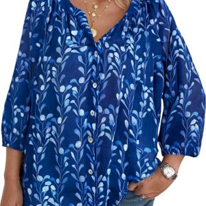 Women's Blue Floral Print Notched Neck Blouse – Casual Bracelet Sleeve Top for Daily Wear - Main View