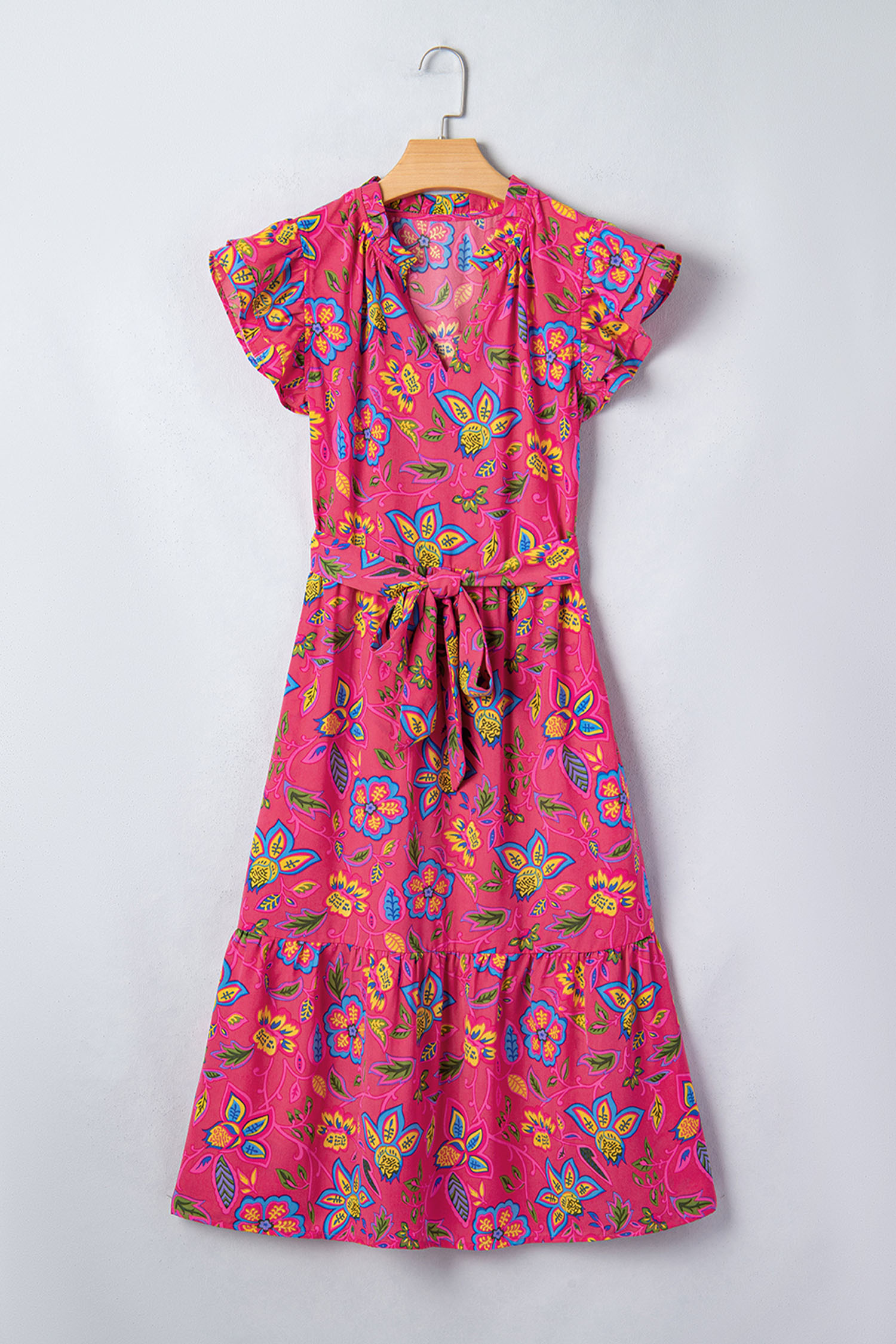 Women's Rose Floral Midi Dress – Flutter Sleeve A-Line Summer Dress with Belt - Detail View 7