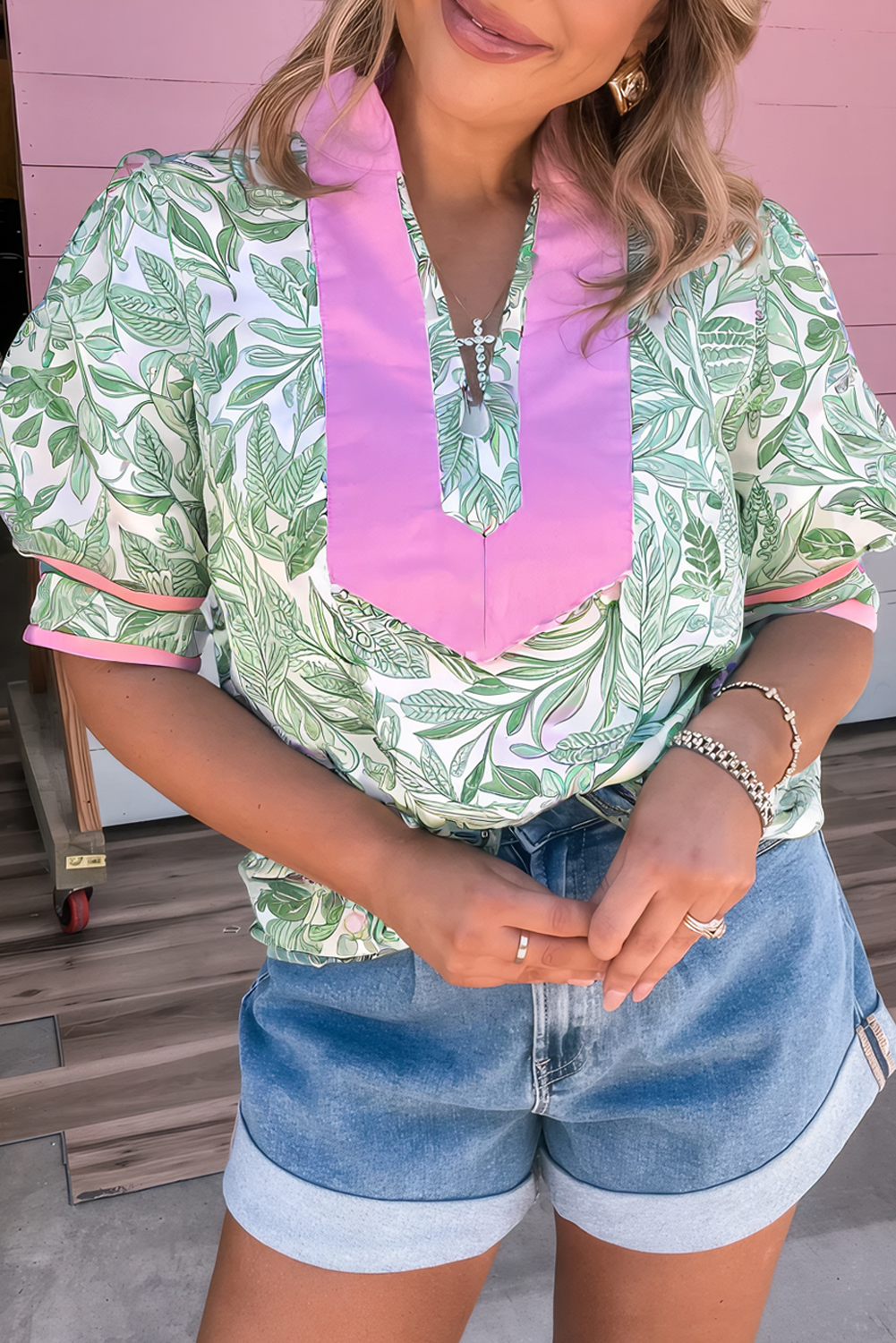 Chic Puff Sleeve Blouse with V Neck and Leaf Print - Casual Fashion for Women - Detail View 2