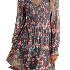 Women's Brown Frilly Smocked Bodice Floral Mesh Long Sleeve Mini Dress - Main View