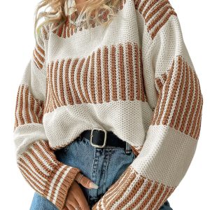 Khaki Two Tone Striped Patchwork Drop Shoulder Loose Sweater for Women - Main View