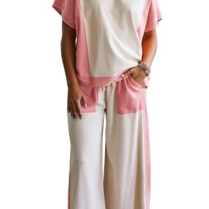 Women's Two-Tone Color Block Lounge Set – Short Sleeve Patchwork Tee and Wide Leg Pants - Main View