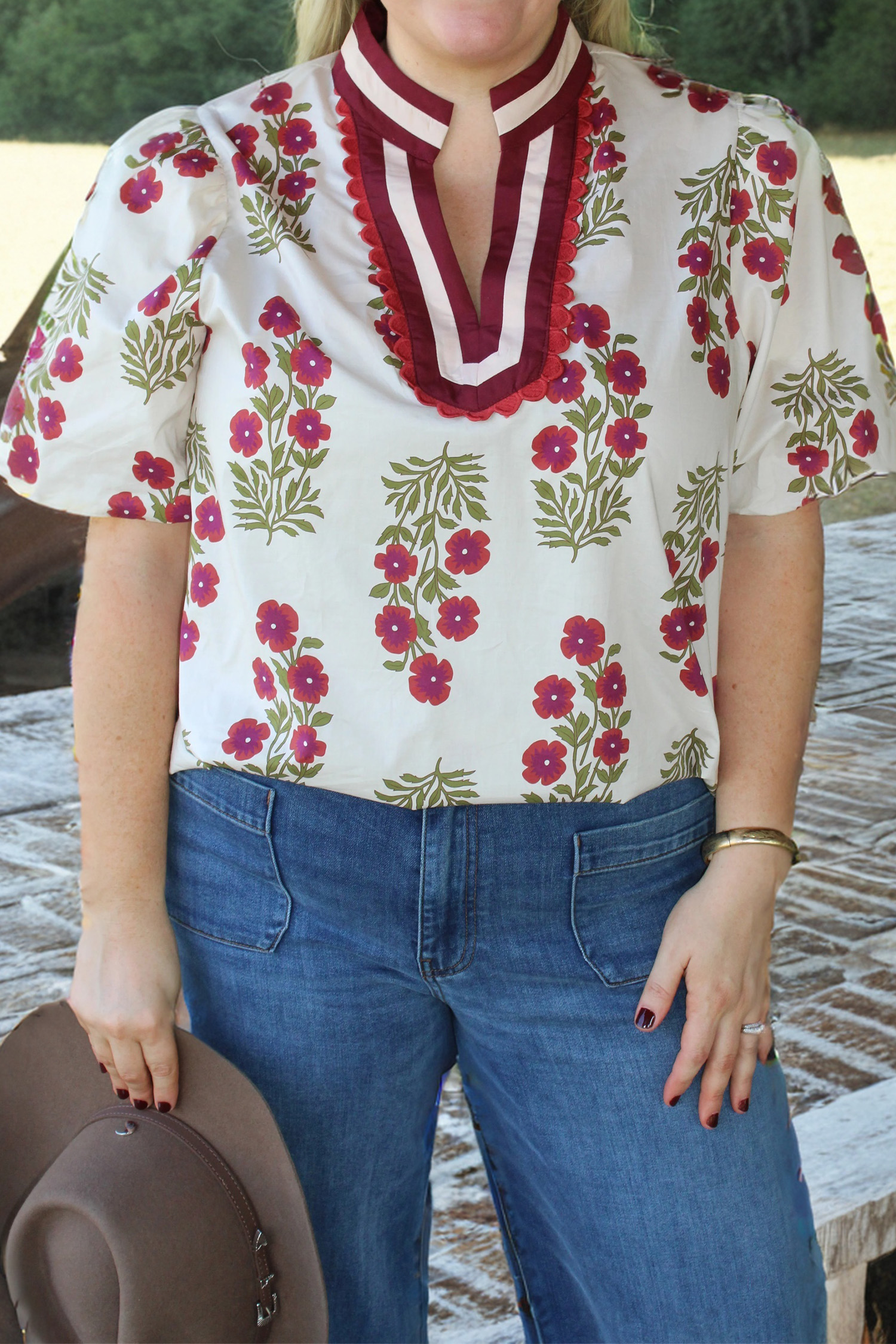 Short Sleeve Summer Blouse for Women – 100% Cotton Floral V-Neck Top, Casual Vacation Outfit - Detail View 2