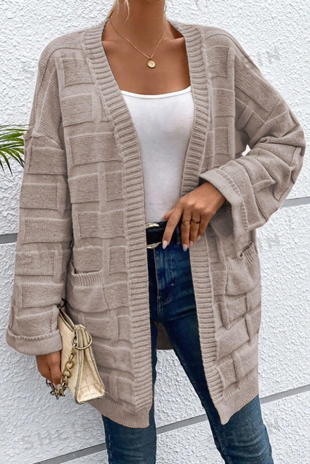 Open Front Cardigan, Textured Knit, Oversized, Long Sleeve, Casual Style, Daily Wear, Solid Color, Women's Cardigan, Chic Design, Comfortable Layers, Pockets, Fashionable Outerwear - Detail View 8
