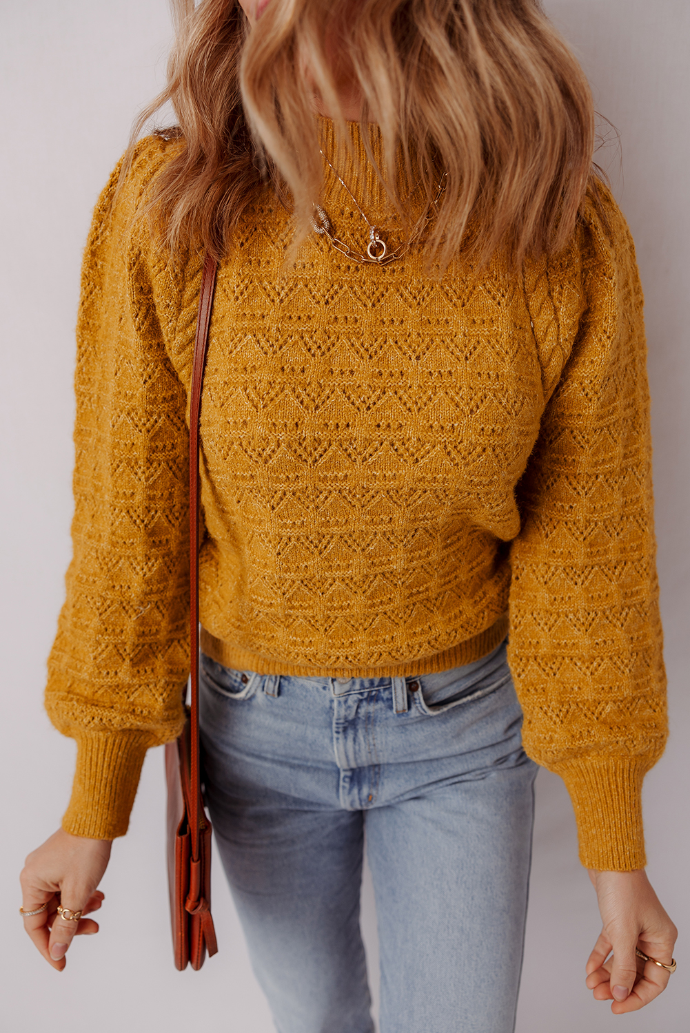 Women's Jurassic Gold Hollow Out Crochet Balloon Sleeve Sweater with Ribbed Mock Neck - Detail View 5