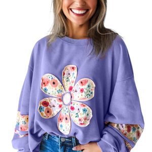 Women's Wisteria Floral Applique Baggy Pullover Sweatshirt – Casual Daily Wear for Fall Comfort