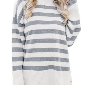 Women's Gray Stripe Ribbed Tunic Sweater – Casual Drop Shoulder Design for Everyday Wear - Main View