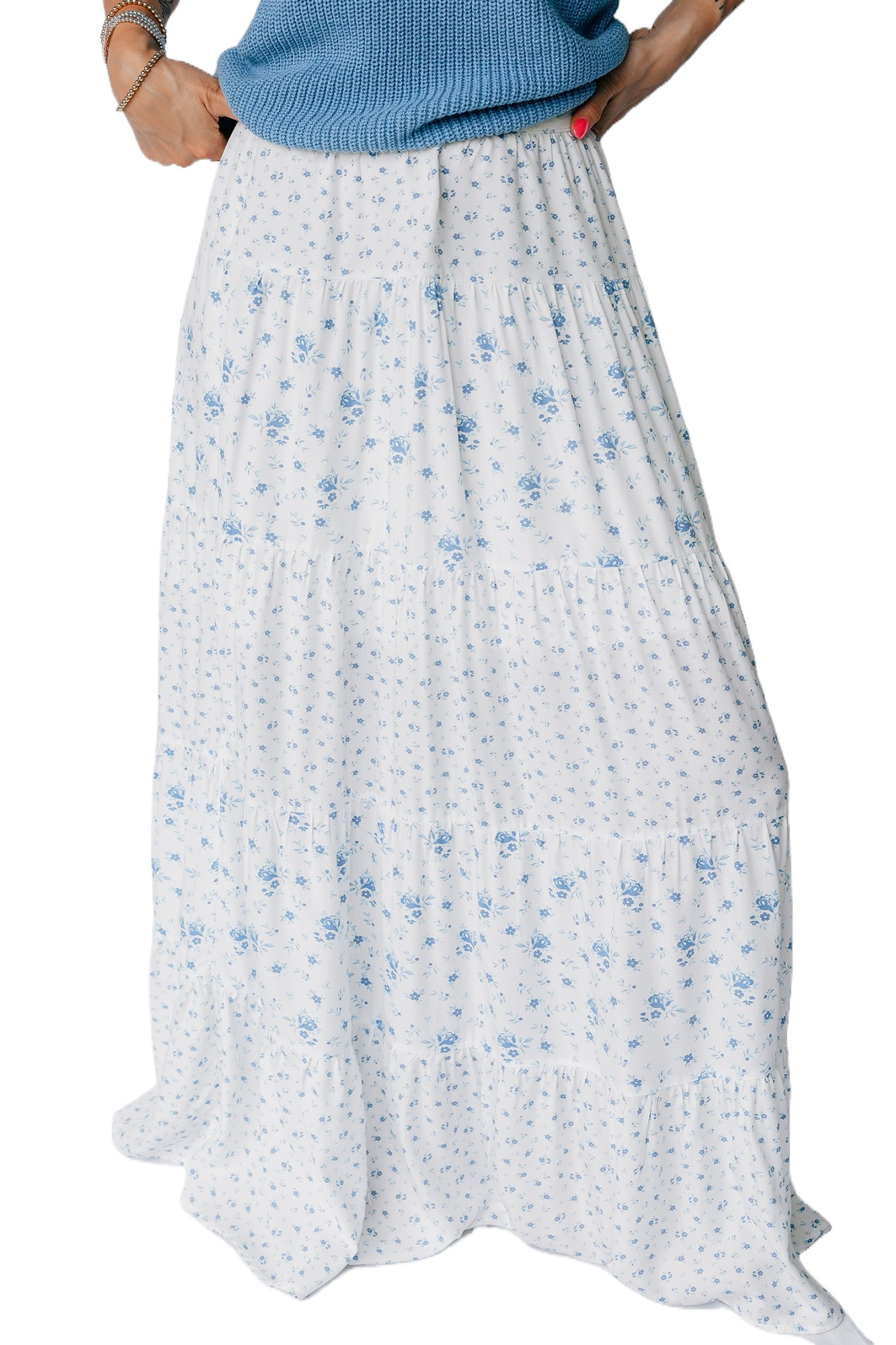 Women's Sky Blue Boho Maxi Skirt – Tiny Floral Print High Waist Long Skirt, Flowy Tiered Vacation Wear - Main View