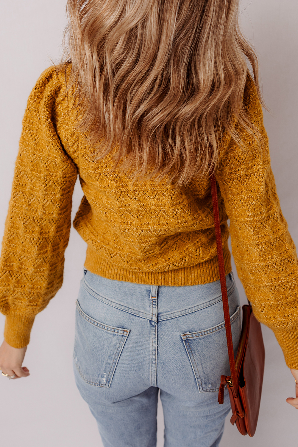 Chic Jurassic Gold Sweater with Puff Sleeves and Ribbed Details for Daily Wear - Detail View 3