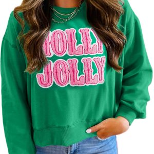 Women's Sea Green HOLLY JOLLY Embroidered Christmas Sweatshirt – Festive Casual Wear for Holiday Cheer - Main View