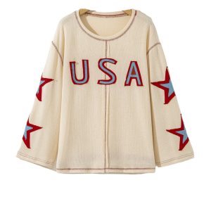 Women's Beige USA Star Contrast Patchwork Long Sleeve Top with Exposed Seams - Main View