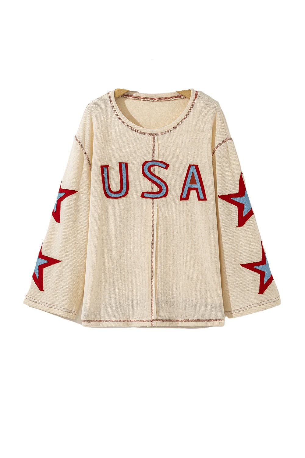 Women's Beige USA Star Contrast Patchwork Long Sleeve Top with Exposed Seams - Main View