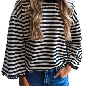 Women's Black Striped Drop Shoulder Loose Top with Lace Trim Bracelet Sleeves – Casual Daily Wear for Fall Days