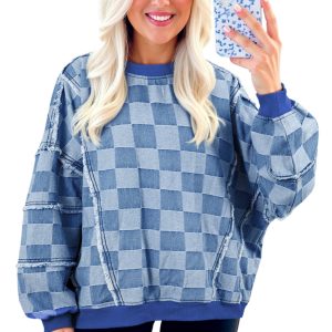 Sky Blue Oversized Denim Pullover with Checkerboard Splicing and Raw Detail - Main View