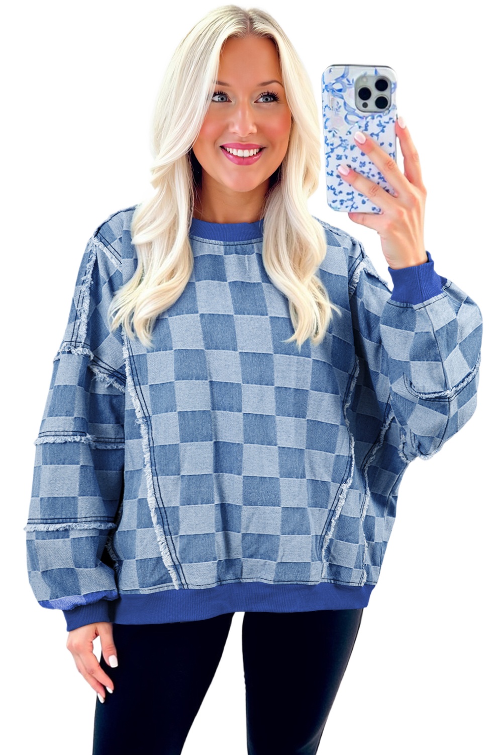 Sky Blue Oversized Denim Pullover with Checkerboard Splicing and Raw Detail - Main View