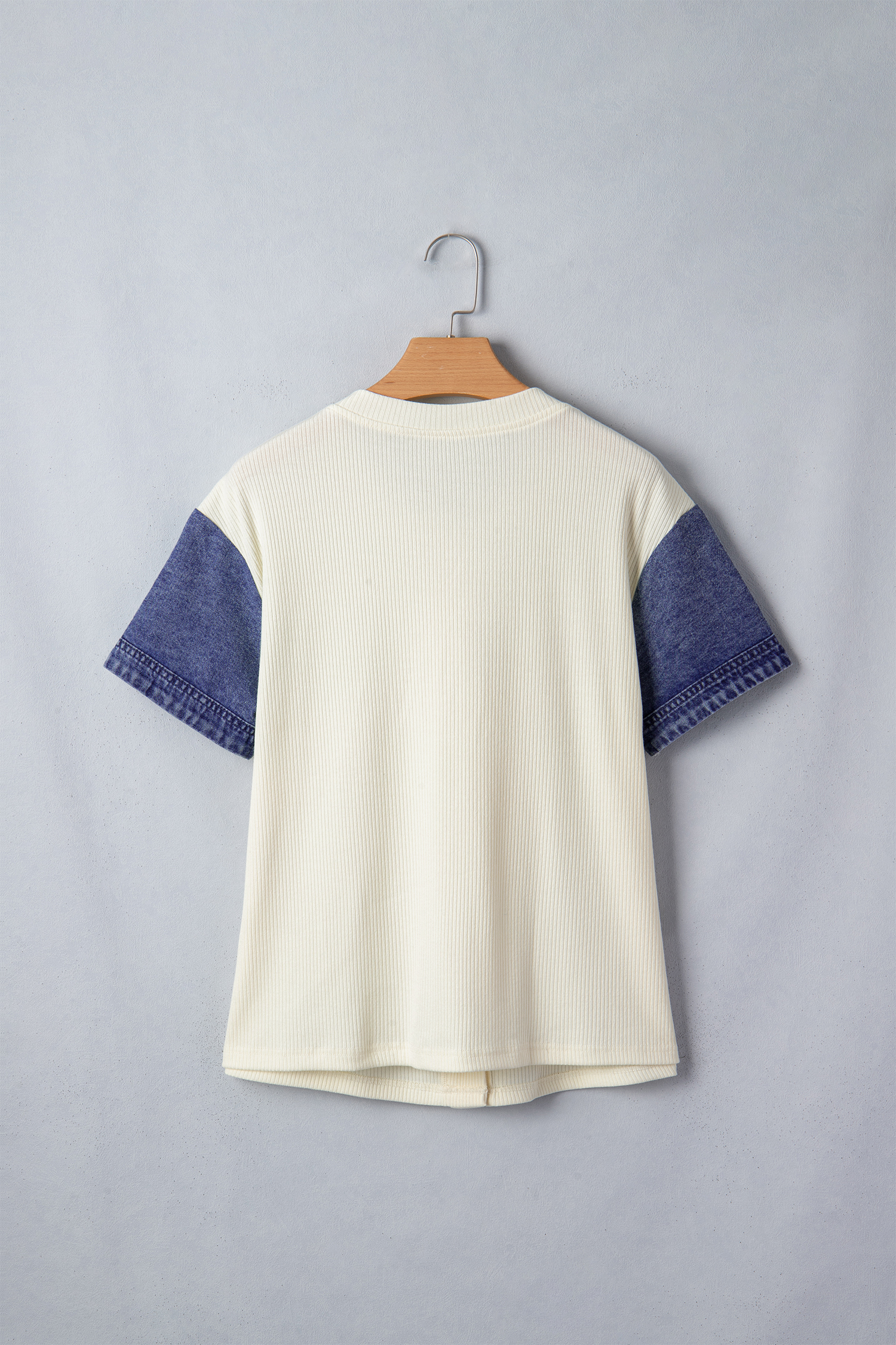Western Style Denim Patchwork Shirt for Women – Casual Beige Ribbed Top for Office or Daily Outings - Detail View 5