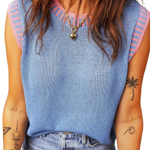 Stylish Sky Blue Contrast Trim Sleeveless Sweater for Women – Casual Spring Essential