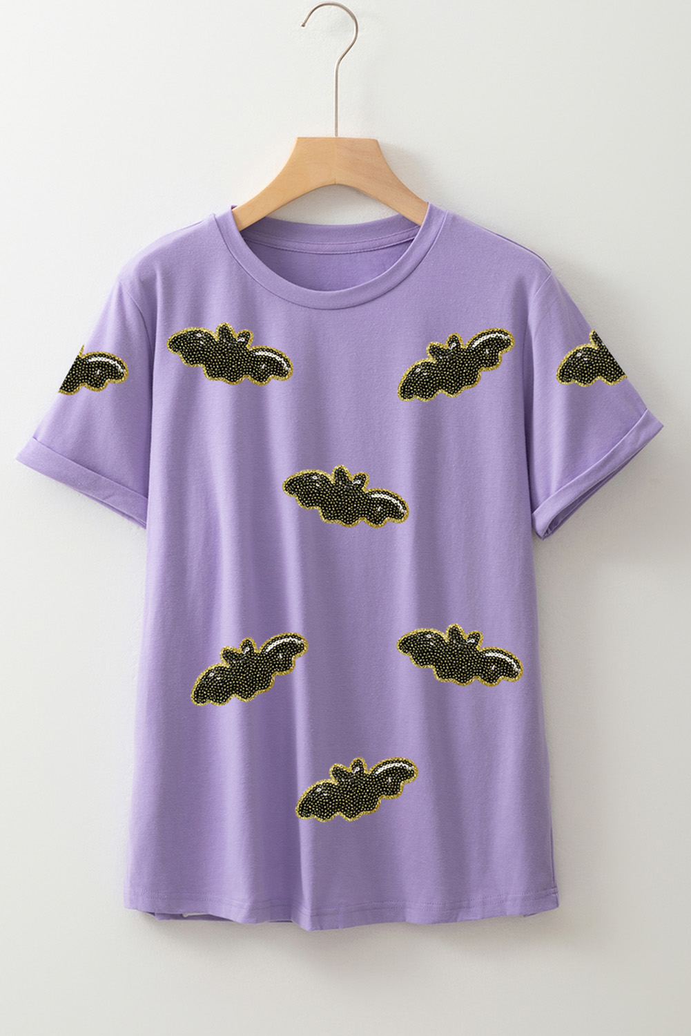 Wisteria Sequin Halloween Bat Patched Casual T-Shirt for Women - Detail View 5