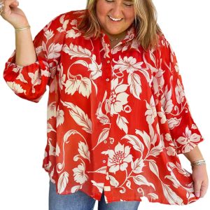 Women's Plus Size Red Floral Print Loose Button Up Shirt - Casual Long Sleeve Top - Main View