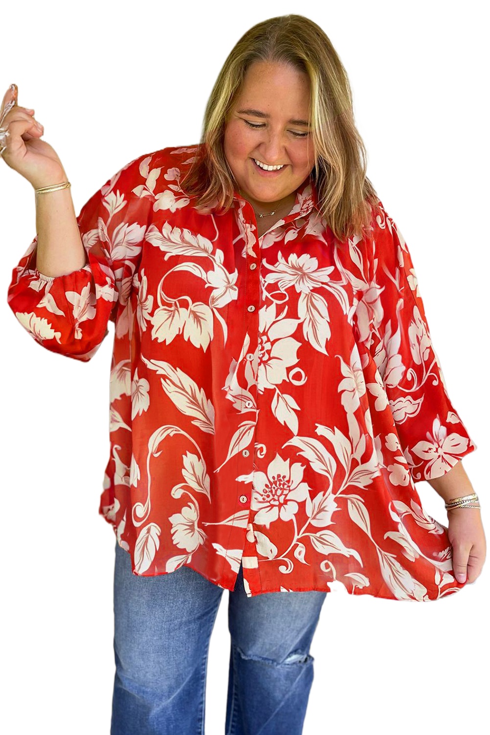 Women's Plus Size Red Floral Print Loose Button Up Shirt - Casual Long Sleeve Top - Main View