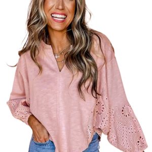 Women's Light Pink Keyhole Notch V Neck Blouse with Batwing Sleeves - Main View