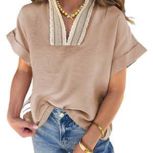 Women's Parchment V-Neck Blouse – Crochet Lace Accent, Rolled Short Sleeve Shift Top - Main View