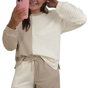 Women's Khaki Color Block Long Sleeve Top & Short Set – Casual Fall Ensemble for Daily Wear - Main View