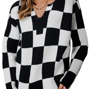 Women’s Black Checked Notched Neckline Drop Shoulder Knit Sweater - Casual Fall Fashion - Main View