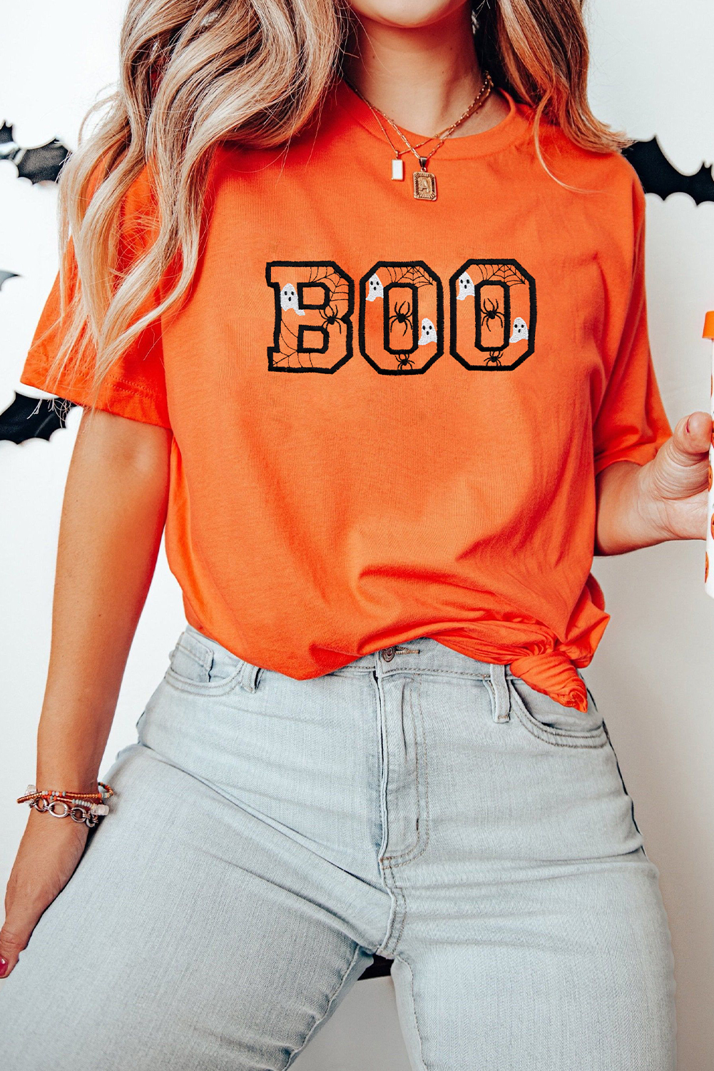 Casual Short Sleeve Orange T-Shirt with Halloween Ghost and Spider Embroidery - Detail View 2