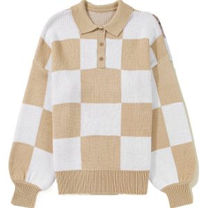 Casual Women's Light French Beige Checkered Polo Collar Sweater for Fall - Main View