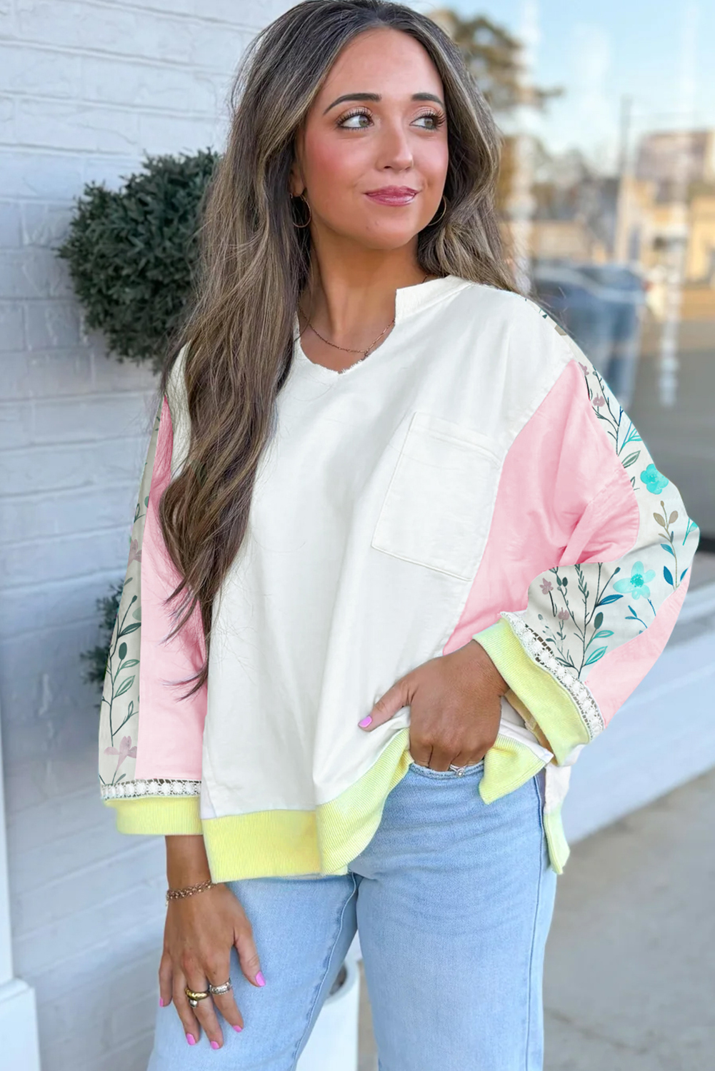 Stylish Long Sleeve V Neck Shirt for Fall - Floral Colorblock Design - Detail View 3