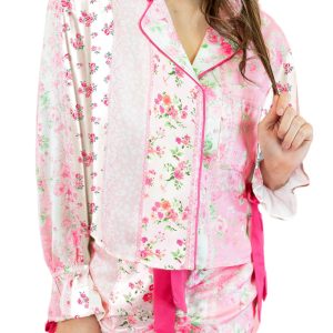 Pink Mixed Floral Print Satin Tie 2-Piece Pajama Set with Contrast Piping - Main View